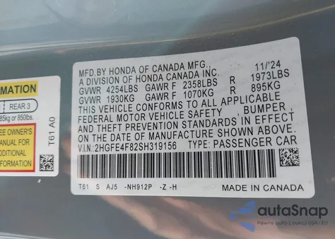 2025 Honda Civic Hybrid Sport/Sport Touring from USA, damaged, VIN 2HGFE4F82SH319156